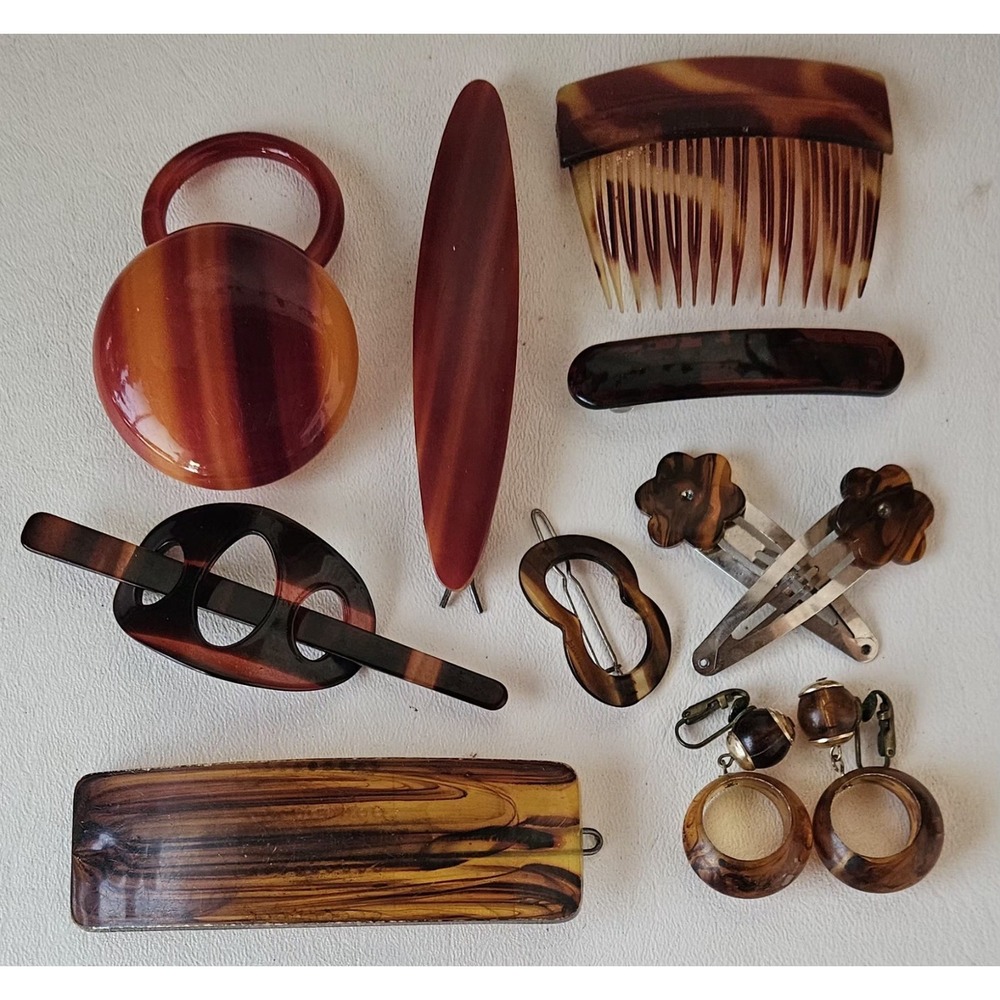 Vtg Celluloid  Tortoise Hair Comb/Clips Belt Buckle Earring Lot